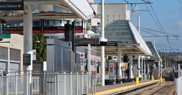 A trolley station in Los Angeles, California on a sunny day.