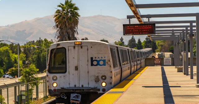 A Bay Area rail station with electronic passenger information.